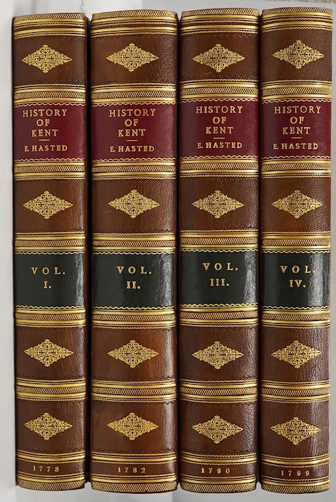 Hasted, Rev. Edward - The History and Topographical Survey of the County of Kent. Containing the ancient and present state of it, civil and ecclesiastical ... First Edition, 4 vols. complete with all the num. folded Hund